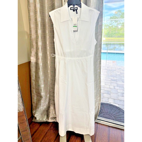 DKNY Women Sz L Sleeveless Poplin V-Neck POCKETS Cotton Midi Long Trendy NEW - Picture 4 of 14